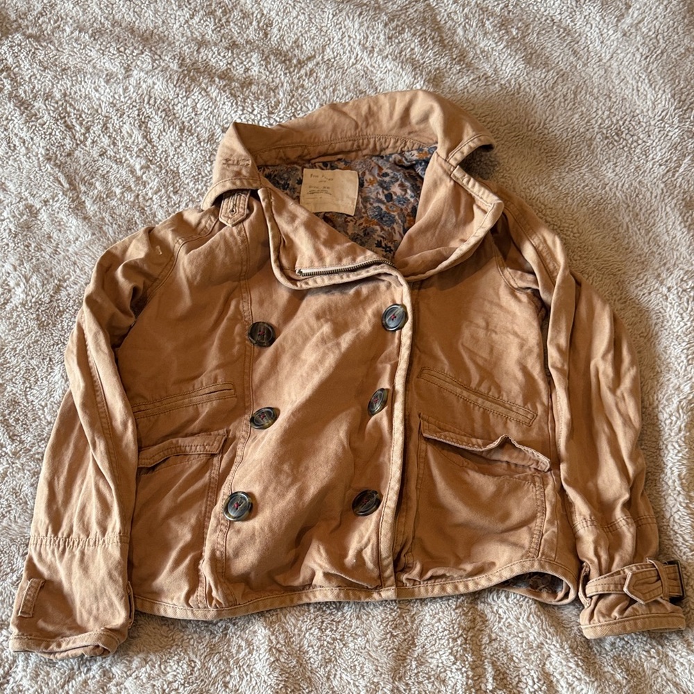 Free People 1970 Tan Trench Coat Floral Lined Cotton Utility Jacket Extra Small